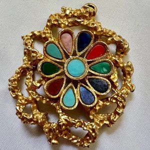 Vintage Gold Tone Stone Floral Inlay Germany Pendant Stamped West